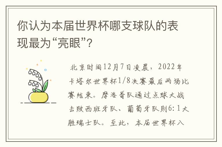 你认为本届世界杯哪支球队的表现最为“亮眼”？