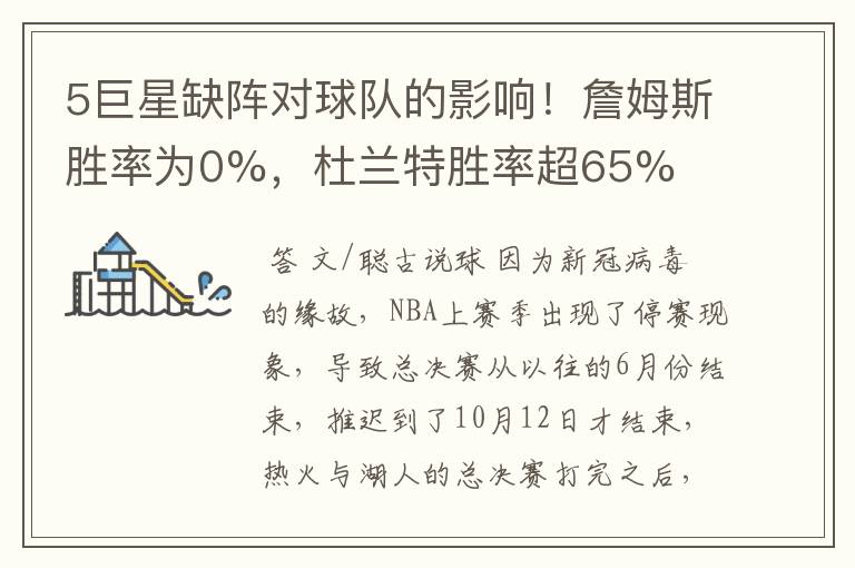 5巨星缺阵对球队的影响！詹姆斯胜率为0%，杜兰特胜率超65%