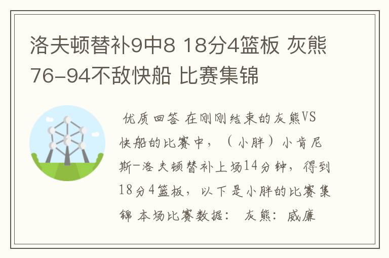 洛夫顿替补9中8 18分4篮板 灰熊76-94不敌快船 比赛集锦