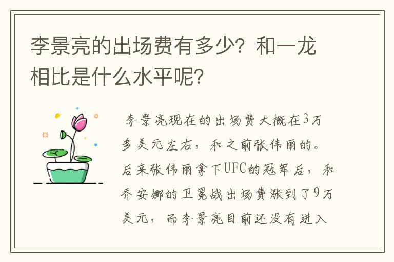 李景亮的出场费有多少？和一龙相比是什么水平呢？