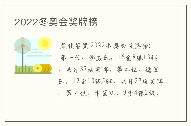 2022冬奥会奖牌榜