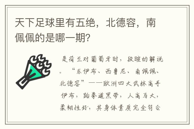 天下足球里有五绝，北德容，南佩佩的是哪一期？