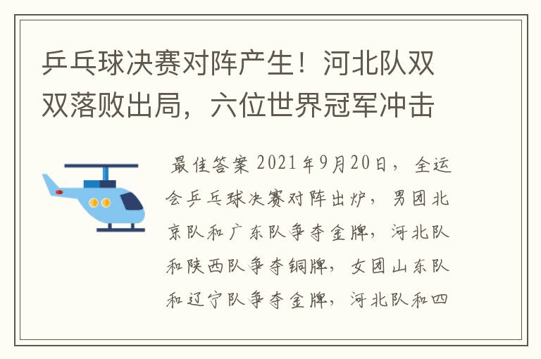 乒乓球决赛对阵产生！河北队双双落败出局，六位世界冠军冲击金牌