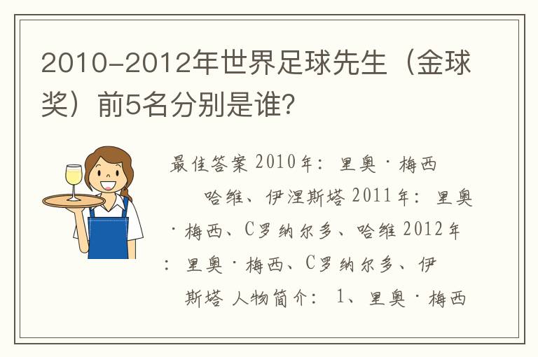 2010-2012年世界足球先生（金球奖）前5名分别是谁？