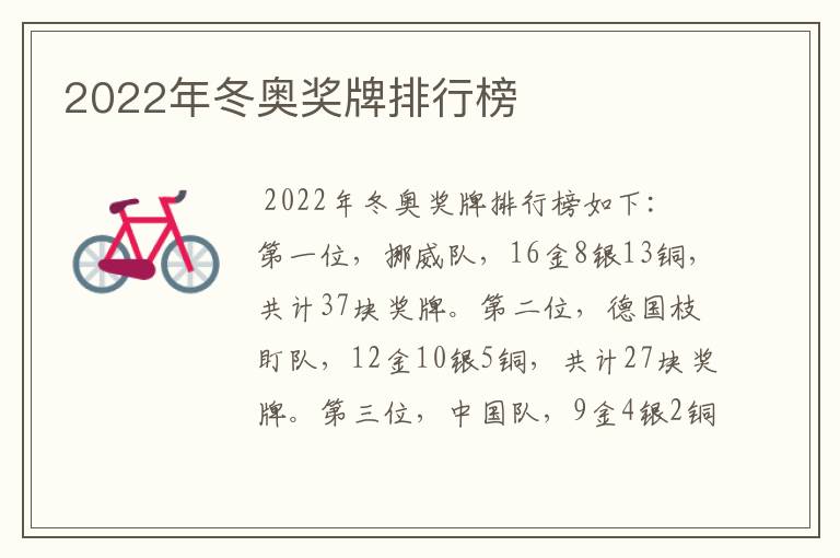 2022年冬奥奖牌排行榜