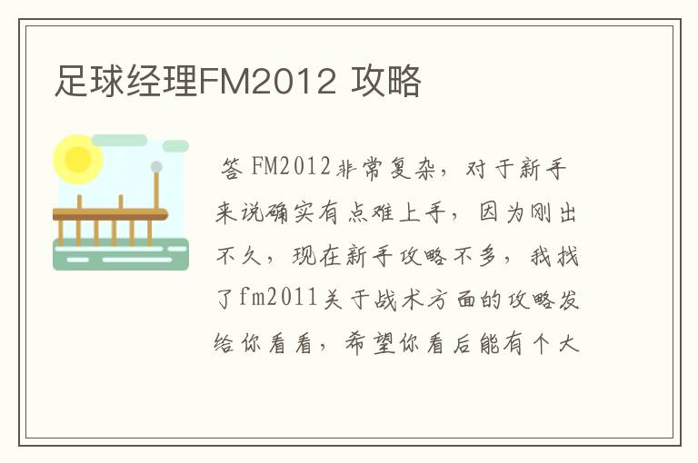 足球经理FM2012 攻略