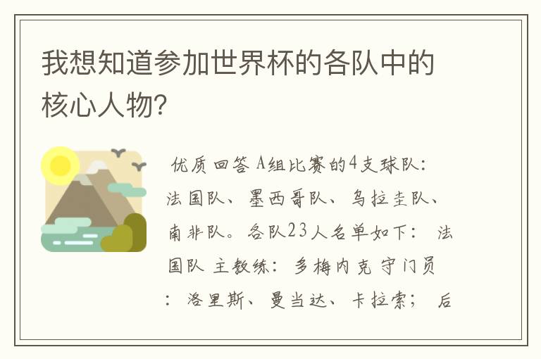 我想知道参加世界杯的各队中的核心人物？