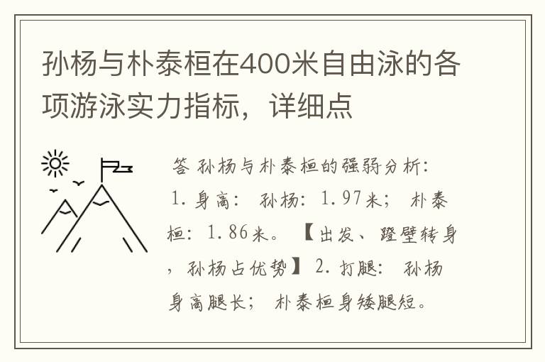 孙杨与朴泰桓在400米自由泳的各项游泳实力指标，详细点