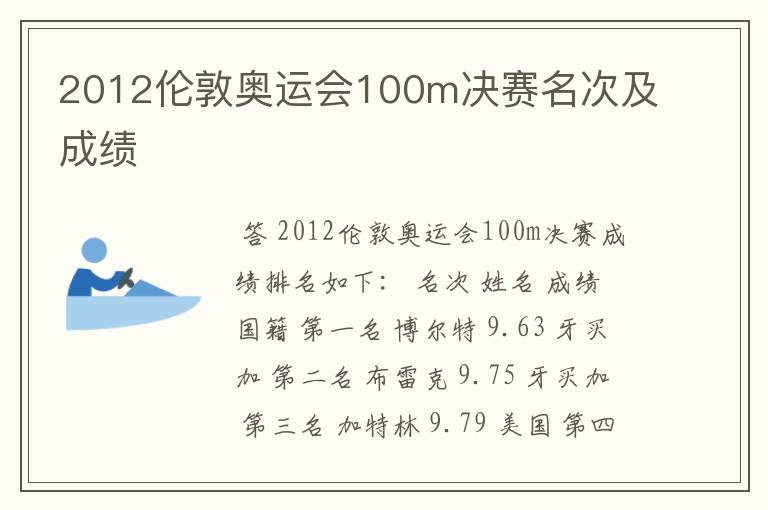 2012伦敦奥运会100m决赛名次及成绩