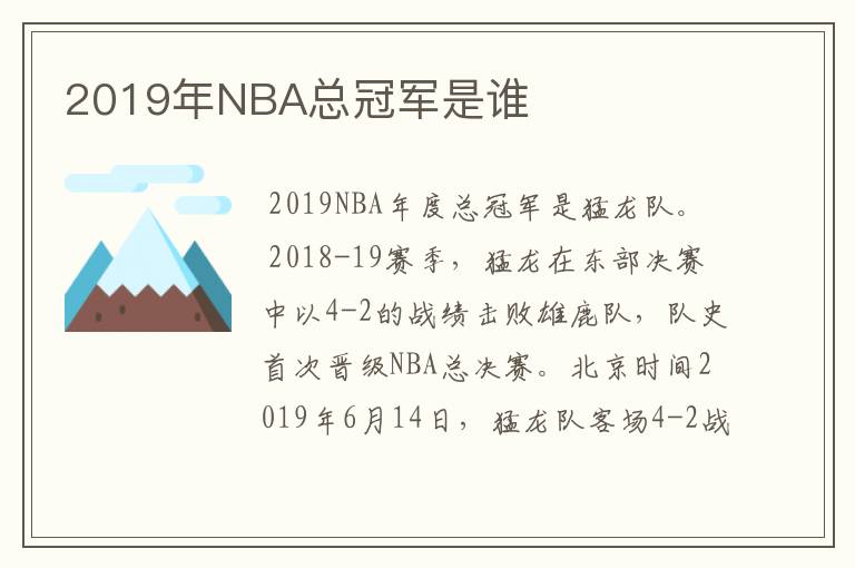 2019年NBA总冠军是谁