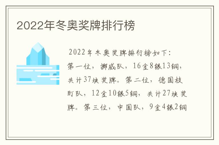 2022年冬奥奖牌排行榜