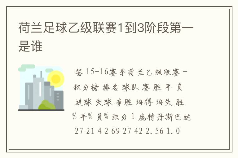 荷兰足球乙级联赛1到3阶段第一是谁