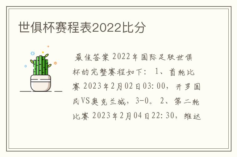 世俱杯赛程表2022比分