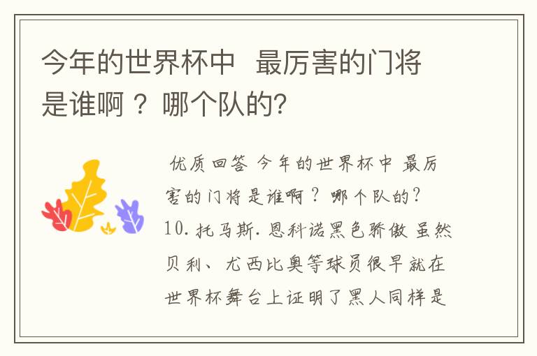 今年的世界杯中  最厉害的门将是谁啊 ？哪个队的？