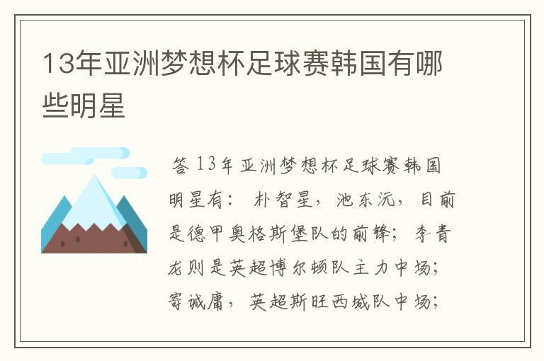 13年亚洲梦想杯足球赛韩国有哪些明星