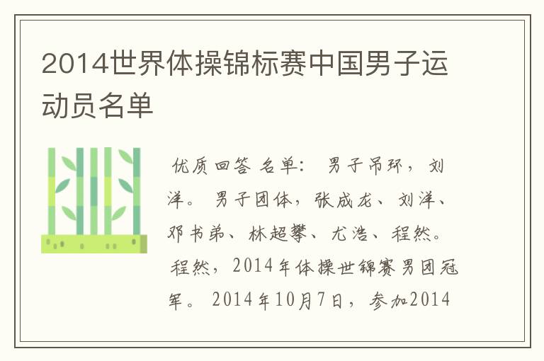 2014世界体操锦标赛中国男子运动员名单