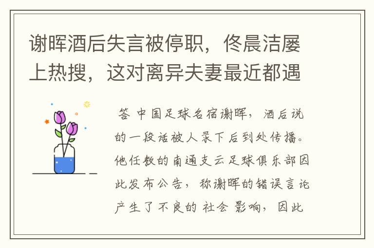 谢晖酒后失言被停职，佟晨洁屡上热搜，这对离异夫妻最近都遇困境