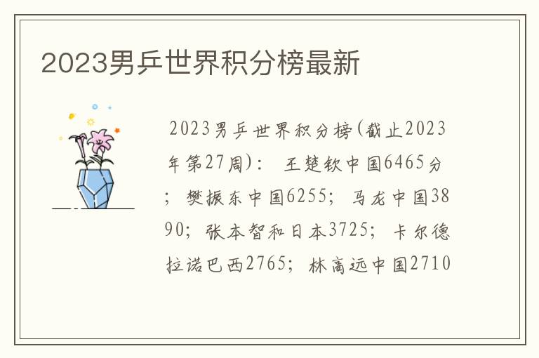 2023男乒世界积分榜最新