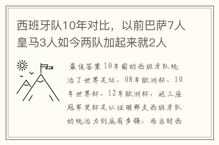 西班牙队10年对比，以前巴萨7人皇马3人如今两队加起来就2人