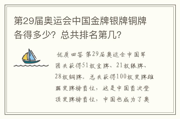 第29届奥运会中国金牌银牌铜牌各得多少？总共排名第几？