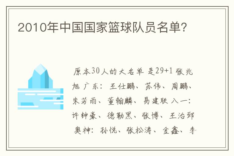 2010年中国国家篮球队员名单？