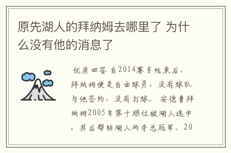 原先湖人的拜纳姆去哪里了 为什么没有他的消息了