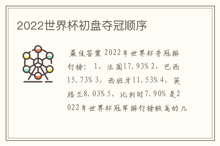 2022世界杯初盘夺冠顺序