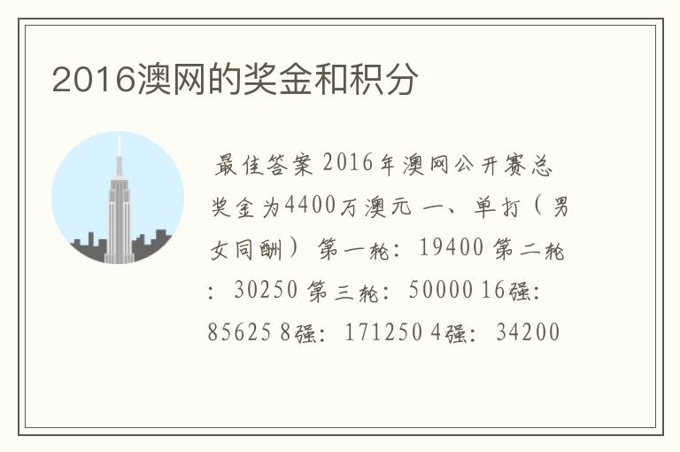 2016澳网的奖金和积分