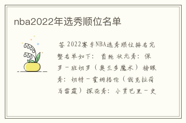 nba2022年选秀顺位名单