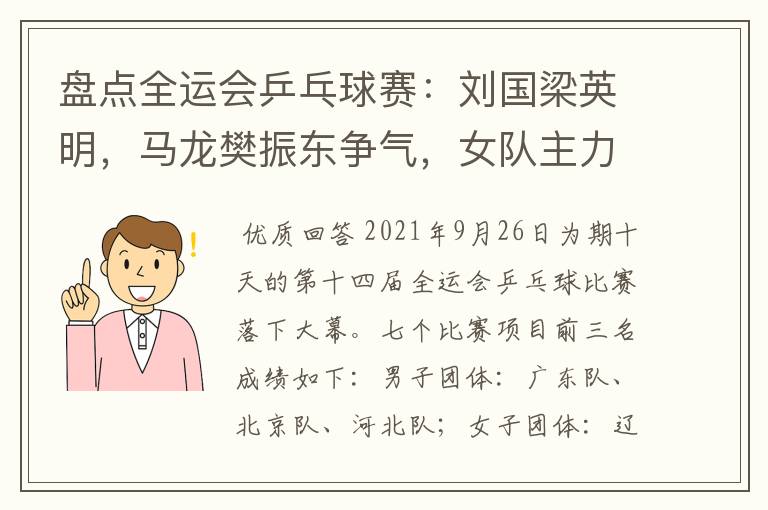 盘点全运会乒乓球赛：刘国梁英明，马龙樊振东争气，女队主力稳定