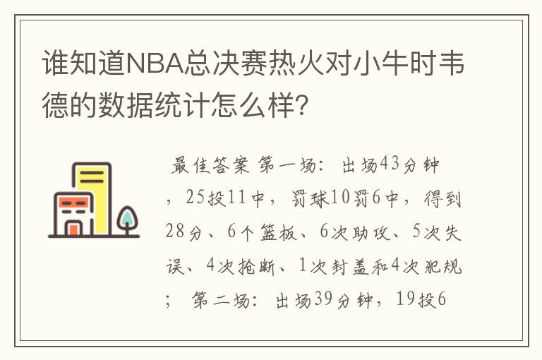 谁知道NBA总决赛热火对小牛时韦德的数据统计怎么样？