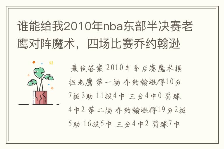 谁能给我2010年nba东部半决赛老鹰对阵魔术，四场比赛乔约翰逊的数据