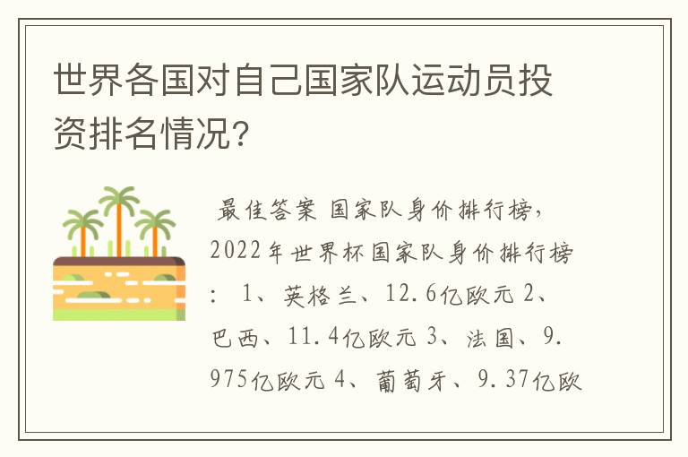 世界各国对自己国家队运动员投资排名情况?