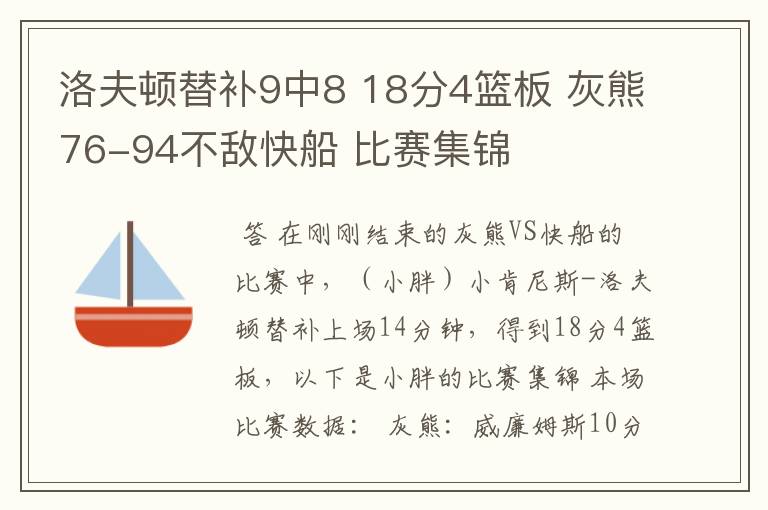 洛夫顿替补9中8 18分4篮板 灰熊76-94不敌快船 比赛集锦