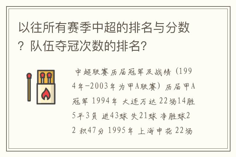 以往所有赛季中超的排名与分数？队伍夺冠次数的排名？