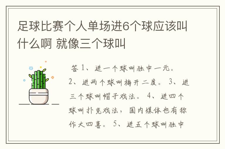 足球比赛个人单场进6个球应该叫什么啊 就像三个球叫