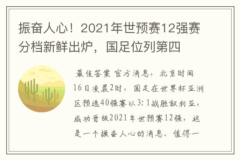 振奋人心！2021年世预赛12强赛分档新鲜出炉，国足位列第四