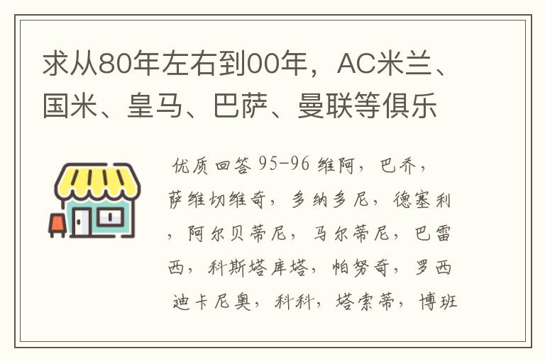 求从80年左右到00年，AC米兰、国米、皇马、巴萨、曼联等俱乐部历年的主力阵容