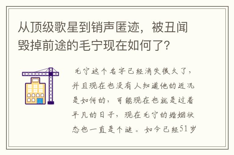 从顶级歌星到销声匿迹，被丑闻毁掉前途的毛宁现在如何了？