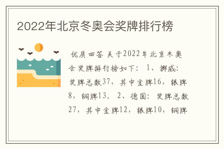 2022年北京冬奥会奖牌排行榜