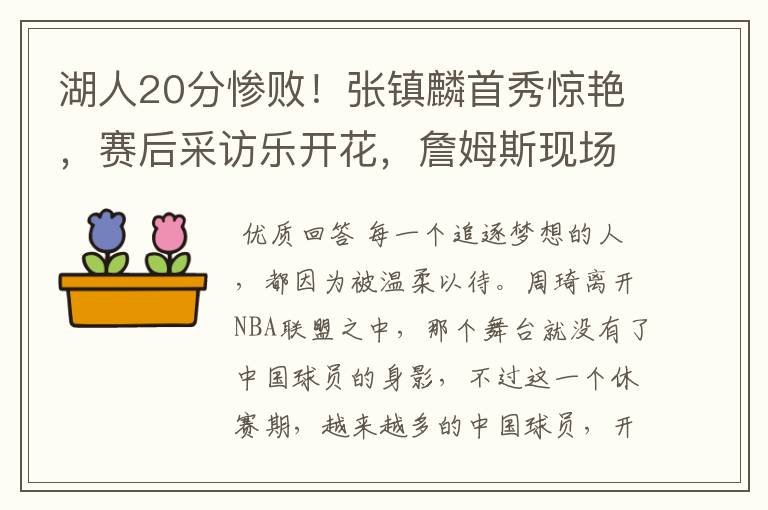 湖人20分惨败！张镇麟首秀惊艳，赛后采访乐开花，詹姆斯现场观战