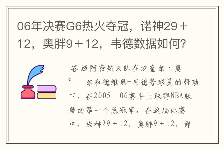 06年决赛G6热火夺冠，诺神29＋12，奥胖9＋12，韦德数据如何？