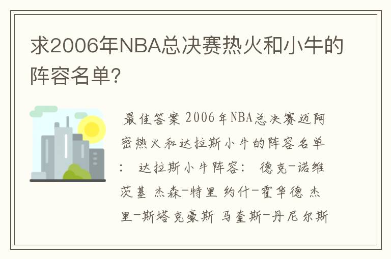 求2006年NBA总决赛热火和小牛的阵容名单？