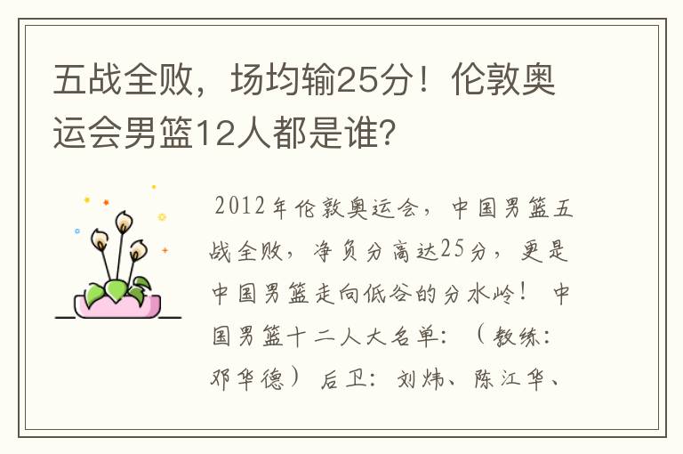 五战全败，场均输25分！伦敦奥运会男篮12人都是谁？