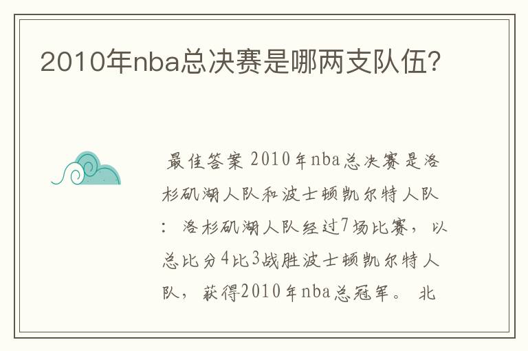 2010年nba总决赛是哪两支队伍？