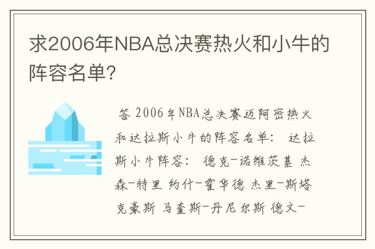 求2006年NBA总决赛热火和小牛的阵容名单？