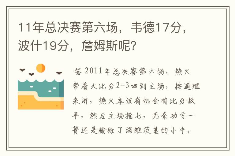 11年总决赛第六场，韦德17分，波什19分，詹姆斯呢？