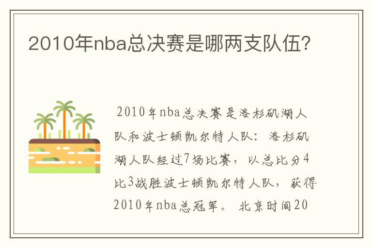 2010年nba总决赛是哪两支队伍？