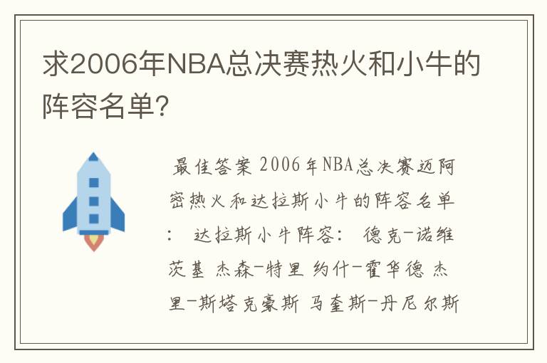 求2006年NBA总决赛热火和小牛的阵容名单？