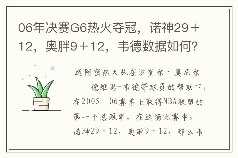 06年决赛G6热火夺冠，诺神29＋12，奥胖9＋12，韦德数据如何？